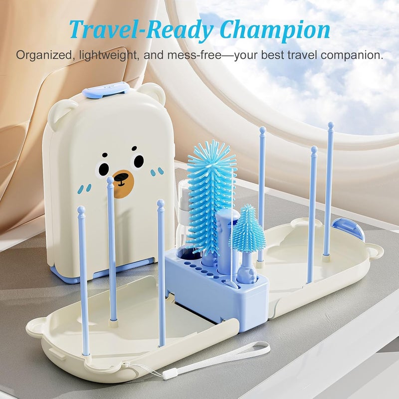 Detsuk Blue Travel Bottle Cleaner Kit with Drying Rack – 6-in-1 Baby Bottle Washer & Silicone Brush Set for Pump Parts, Nipples & Straws – Portable Baby Travel Essential in Compact Case - Image 2